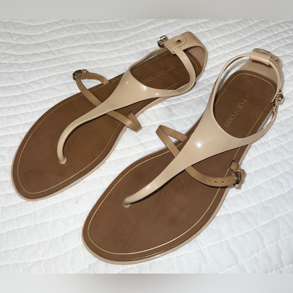 $400 Sergio Rossi Brown/Tan Leather and Rubber Flat Sandals Size 39